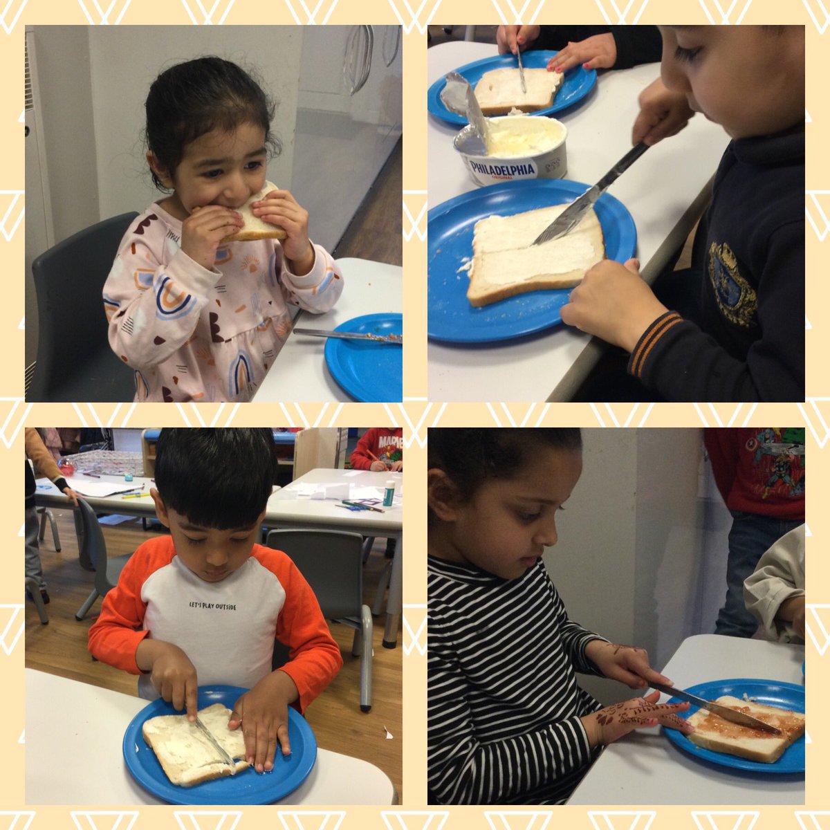 Today nursery have been super busy. First, we voted what our favourite sandwich filler is. Then we created the sandwich by spreading our filler, then cutting our bread and of course eating it. Yum yum