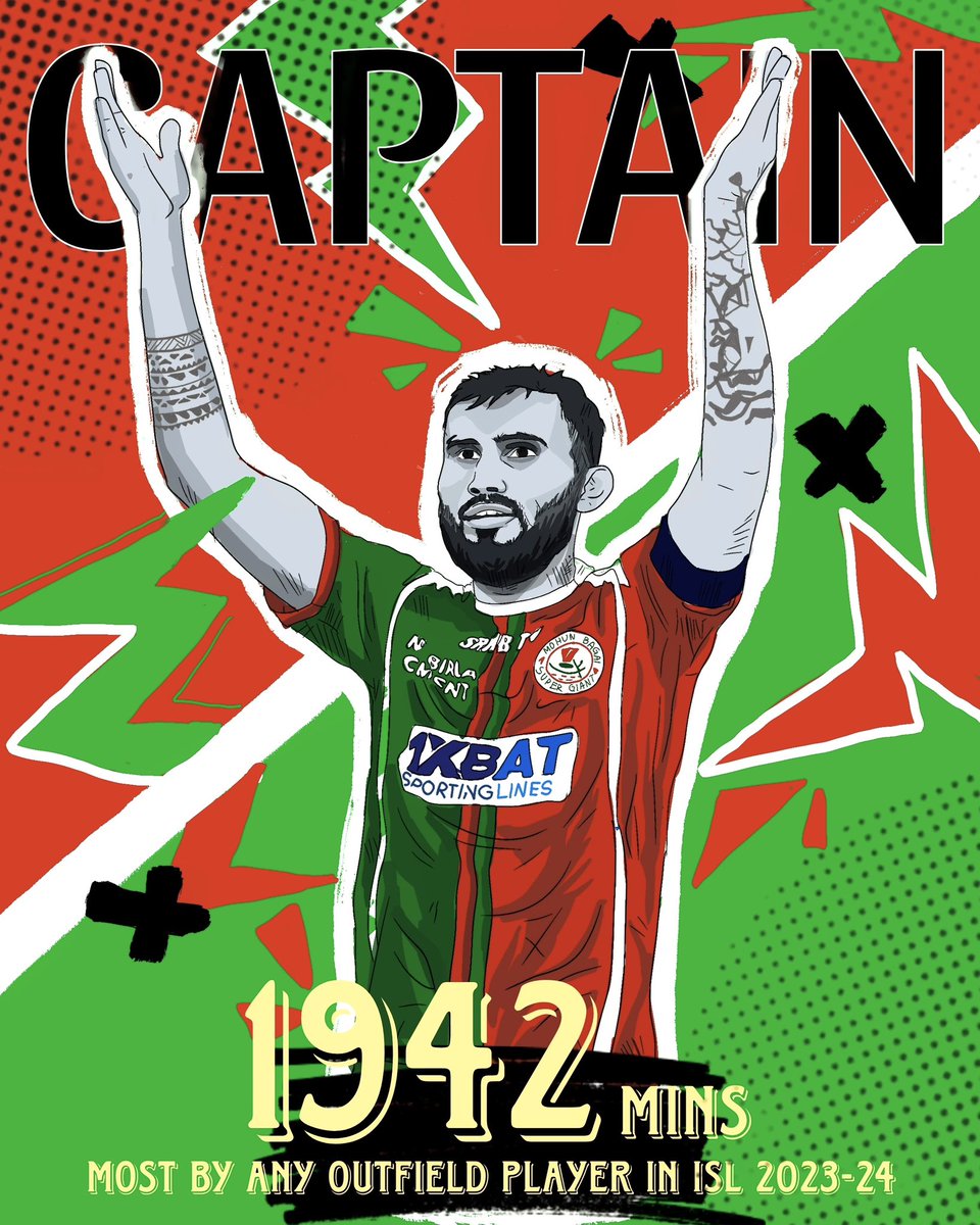 𝐋𝐞𝐚𝐝𝐢𝐧𝐠 𝐟𝐫𝐨𝐦 𝐭𝐡𝐞 𝐟𝐫𝐨𝐧𝐭! 💚♥️

Our captain has played 1942 mins in the ISL 2023-24 League Stage, the most by any outfield player! 🔝🤩

#MBSG #JoyMohunBagan #আমরাসবুজমেরুন