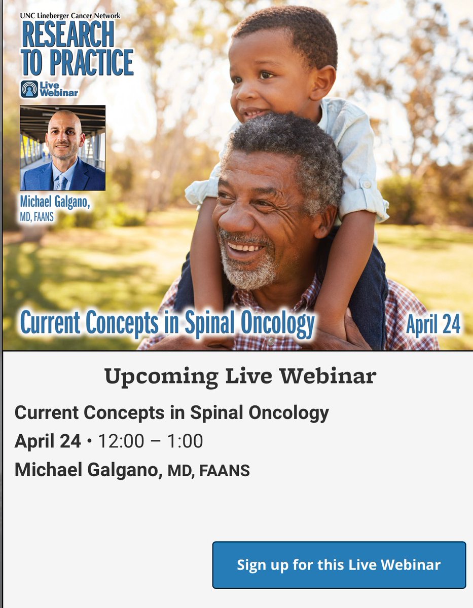 Looking forward to giving an update on the current concepts in spine oncology this Wednesday at the @UNC_Lineberger Cancer Center! Registration link: learn.unclcn.org/04242024 @UNCResearch @UNCMedCenter @UNC_Health_Care @UNCneurosurgery @UNCneurology