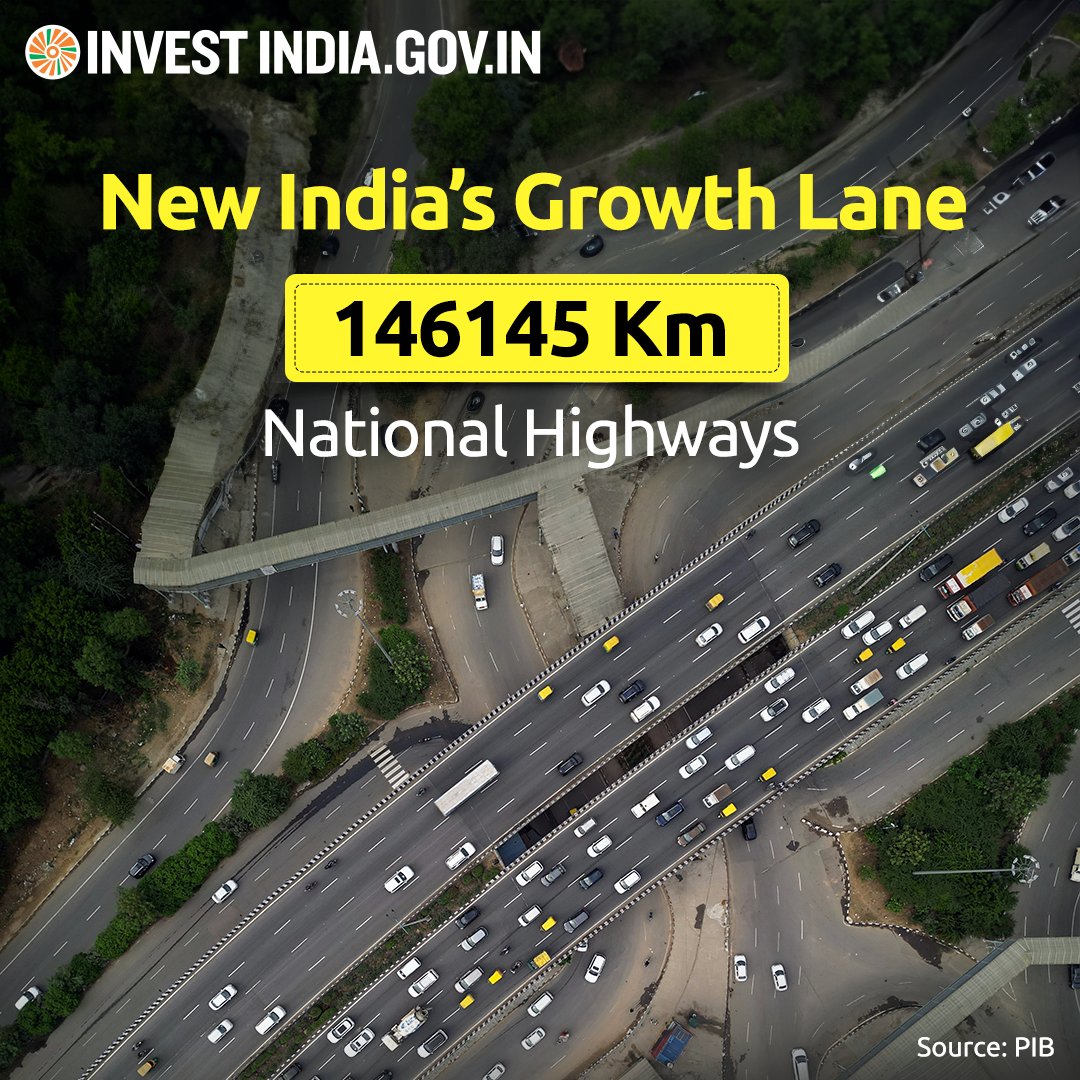 Enter the growth lane with #NewIndia. It boasts the world's second-largest road network, spanning ~67 Lakh Km, crucial for seamless connectivity and logistics. Explore more about the sector at bit.ly/II-Roads #InvestInIndia #InvestIndia #RoadsAndHighways