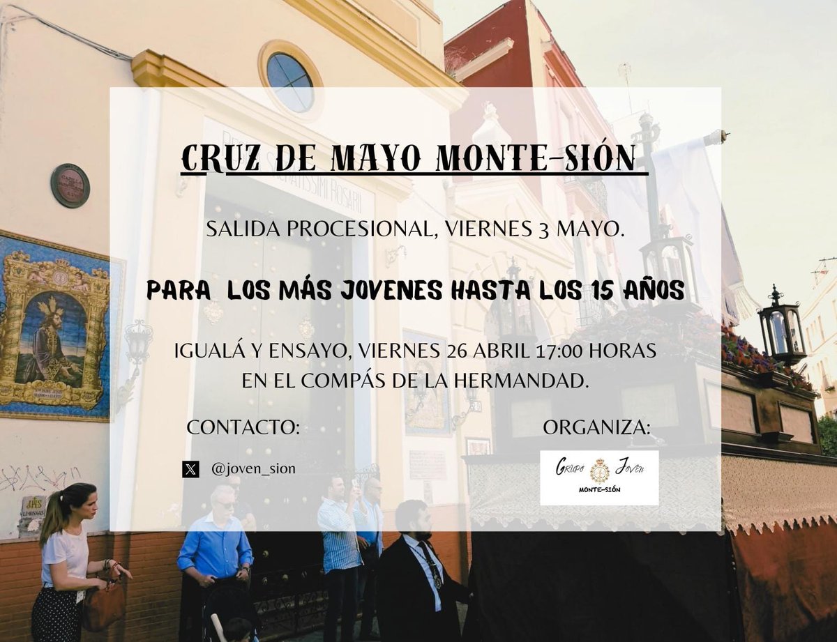 🗓️ Se acerca el mes de mayo y ya nos preparamos para nuestra tradicional Cruz de Mayo.

📅El próximo Viernes 26 de abril a las 17:00 tendrá lugar la IGUALÁ y el ENSAYO de costaleros hasta los 15 años.

📍La cita tendrá lugar en el compás anexo a nuestra Capilla.

¡Os esperamos!