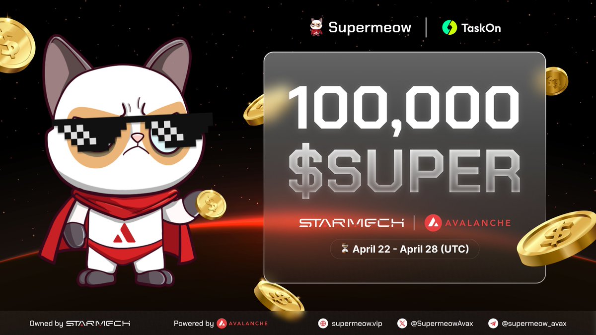🔎 Psst...the reward secret is now public! 🚀 The $SUPER giveaway extravaganza brought to you by @SupermeowAvax - a #memecoin design by #StarMech team especially for STA-key holders & Avax community, featuring a whopping 100,000 $SUPER tokens up for grabs! 😻 As the premier