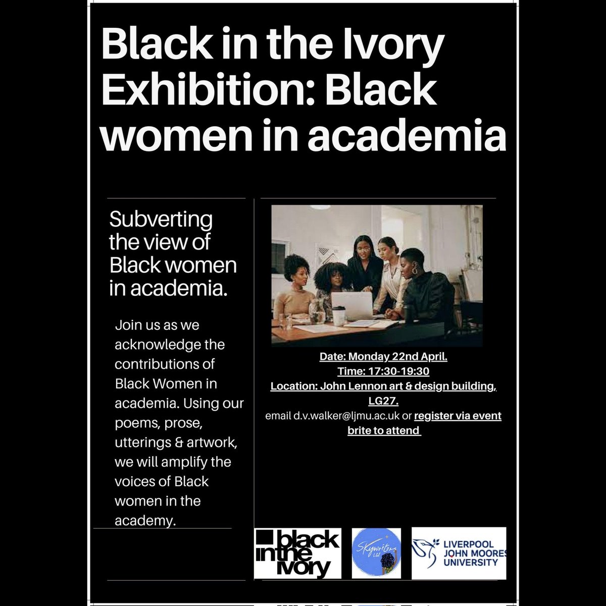The Black in the Ivory Exhibition launch is today! 🙌🏿 We're so excited! A year of hard work with some amazing Black women academics telling their stories through creative means! In partnership with @LJMU and led by the fabulous @niquevwalk 🙌🏿