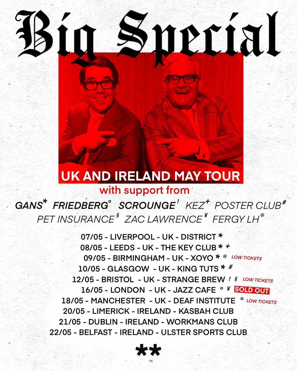 We’re buzzing to announce the supports for our May run. We’re being joined by some absolute monsters across the month, so be sure to get down early. More to be announced soon. Speaking of May… LOW TICKET WARNING for Bristol, Brum and Manchester. linktree.com/bigspecial
