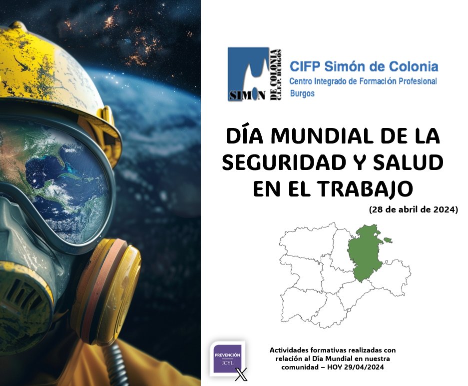 #FórmatePRL
#DíaMundialSST_JCyL
HOY, 29/04/24, nuestros compañeros del ASSL de #Burgos, imparten Formación en PRL como conmemoración del Día Mundial de la Seguridad y Salud en el Trabajo (28/04/24) a los alumnos del CIFP Simón de Colonia en Burgos.
<a href="/simondecolonia/">Simón de Colonia</a>