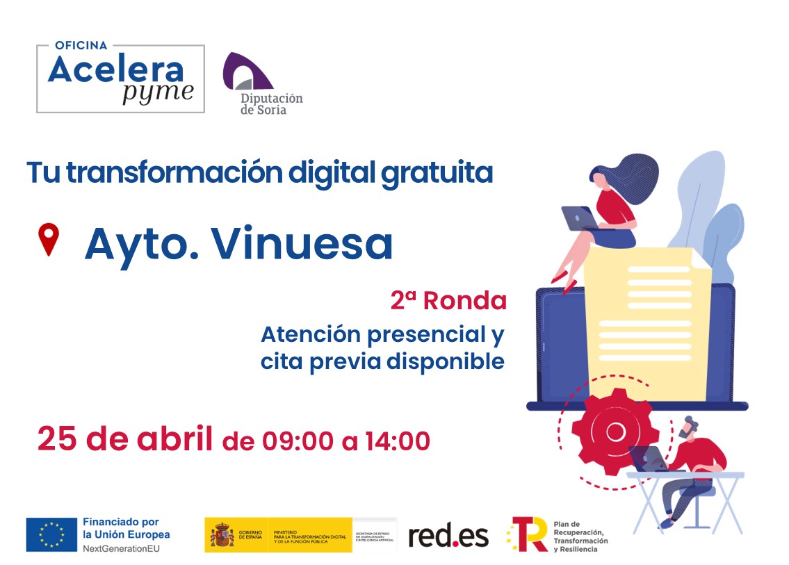 🔊2ª Ronda Atenciones Presenciales
Asesoramiento Digital Gratuito 💻
📅jueves, 25 de abril
📍Ayto. de Vinuesa
 
¡Reserva ya tu cita! ⬇️
ℹ️acelerapyme.dipsoria.es/contacto

#NextGenerationEU
#PlanDeRecuperación
#PlandeDigitalizaciondePymes
#Acelerapyme
#TransformaciónDigital