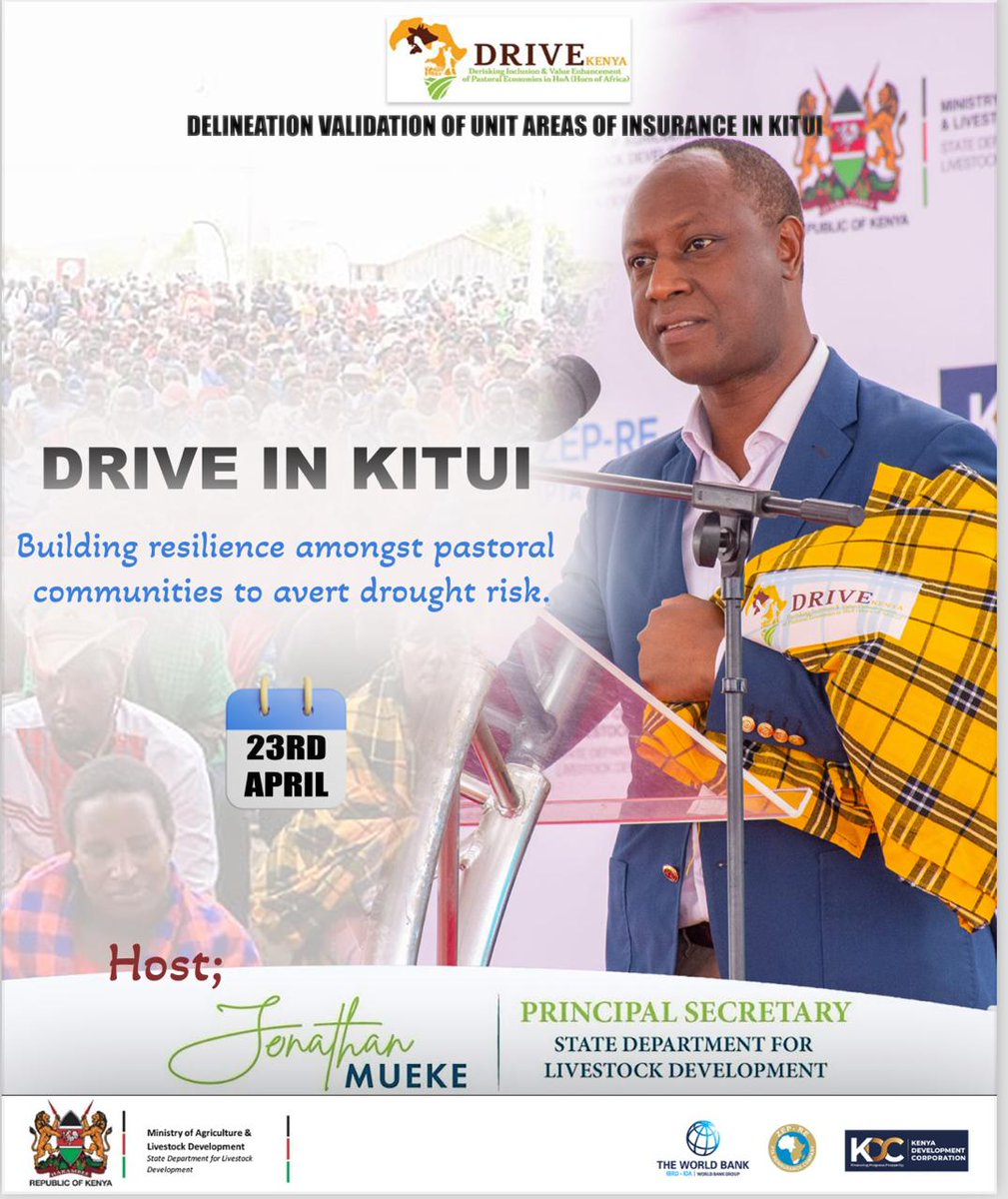 jmueke's tweet photo. Tomorrow, Tuesday 23rd in Kitui County we launch a campaign that will invigorate the livelihoods of pastoral communities.
 
The De-Risking Inclusion and Value Enhancement (DRIVE) project funded by the World Bank has successfully been launched in 12 ASAL counties, with about 108,694 pastoralists insuring their livestock. The Ksh 16.08B project which is expected to benefit 125,000 pastoral households over a five- year period is geared towards offering pastoral communities viable solutions that prevent against adverse drought risks.
 
DRIVE has successfully launched in the following 12 counties: Turkana, Marsabit, Isiolo, Laikipia, Mandera, Wajir, Garissa, Tana River, Lamu, Samburu, Narok and Kajiado.