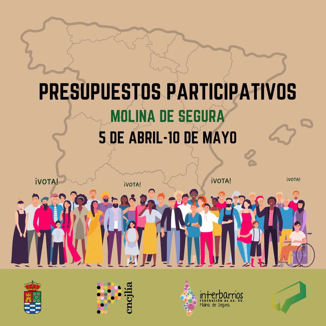 Vuelven los Presupuestos Participativos a Molina de Segura. Del 5 de abril al 10 de mayo, los habitantes mayores de 16 años, podrán votar sus a través de la página decide.molinadesegura.es, y el día 10 de mayo de forma presencial.
Piensa Molina, Molina eres tú

#psps #piensamolina