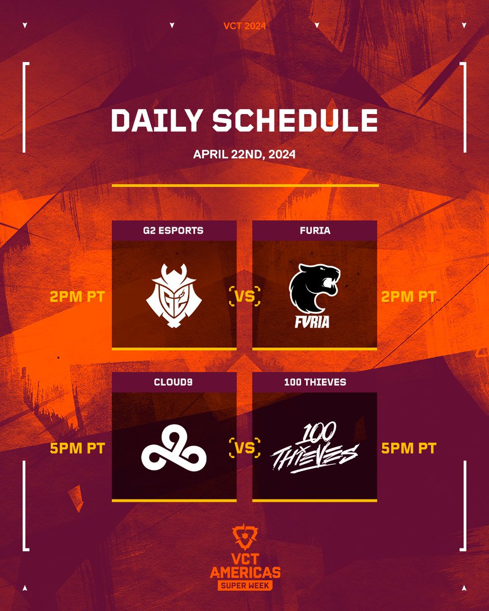 valesportsna's tweet photo. The weekend may be over, but the excitement of the #VCTAmericas Super Week carries on with two thrilling matchups!

⚔️ @G2VALORANT vs @FURIA
⚔️ @C9VAL vs @100T_VAL

📺 https://t.co/LkYuIAuW39 https://t.co/6raKN0Tqvw