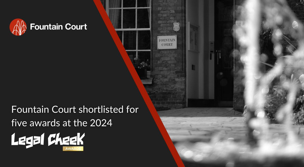Fountain Court is pleased to have been shortlisted for five awards at the @legalcheek Awards 2024: • Best chambers for training • Best chambers for quality of work • Best chambers for colleague supportiveness ⁠• Best chambers for facilities • Best chambers for ⁠legal tech