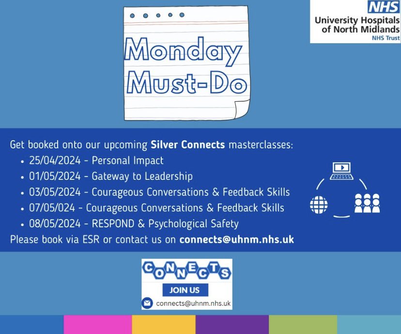 Happy Monday! 🤩 Please see below upcoming dates & enrolment details for Silver Connects sessions 👇 #LeadershipDevelopment #UHNM #silverconnects
