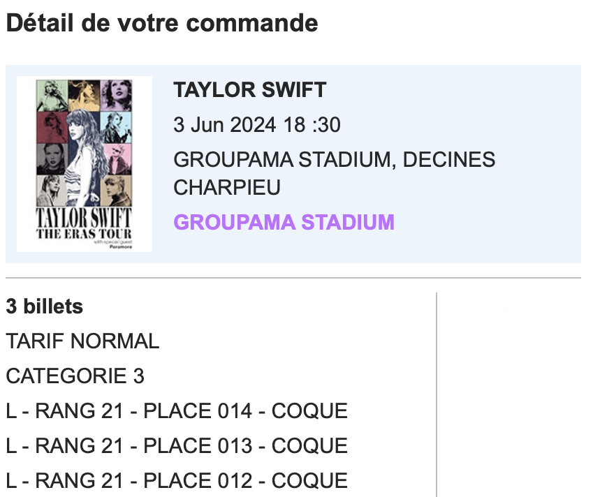 hii i'm selling 2 tickets for the eras tour in lyon on june 3th, dm me for the price and more info! <33

#TaylorSwiftErasTour #taylornation #TheErasTour #TheErasTourLyon #TaylorSwift📷