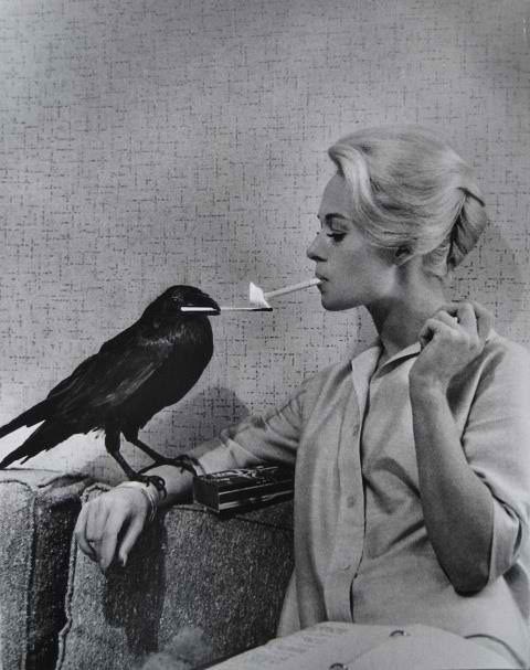 Tippi Hedren having her cigarette lit by a crow on the set of The Birds.