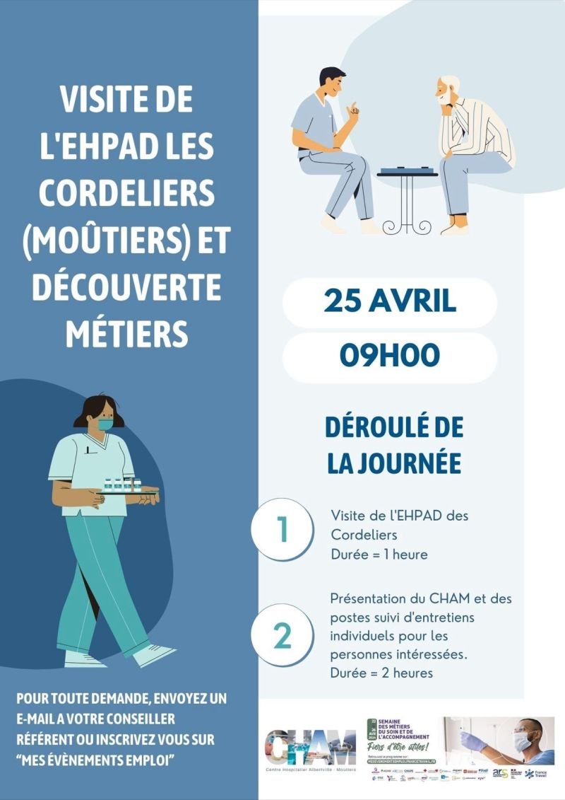 [#TousMobilisés] pour la semaine du soin et de l'accompagnement

Découvrez les métiers du soin et de l'accompagnement en visitant un EHPAD le 25 avril à 09h00 avec @FTravail_ARA #Moûtiers 

Présentation des métiers proposés + entretiens

 mesevenementsemploi.pole-emploi.fr/mes-evenements…

#OnEstLàPourVous