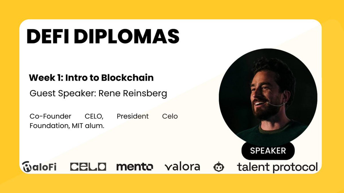 We are excited to have @RegenRene, the co-founder of @Celo as our first speaker for the DeFi Diplomas workshop! 🥳 We will kick off this Wednesday, and we look forward to a thrilling and educational session! ⚡️