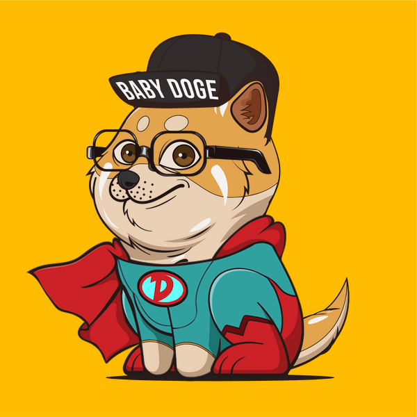 A baby doge NFT with a gold background and baby fur wears super clothing and a black hat headwear. Its astro mouth and business eyes make it a savvy entrepreneur, always looking for the next big opportunity.