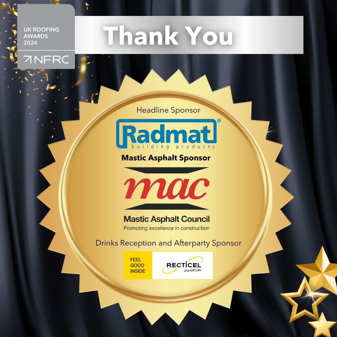 🌟 Thanks again to @MasticAsphalt for sponsoring the Mastic Asphalt category at the UK Roofing Awards. If you haven't got your tickets yet, this is your last chance - ticket sales close tomorrow! Get yours before it's too late 👉 bit.ly/RA2024tix #RA2024 #RoofingAwards