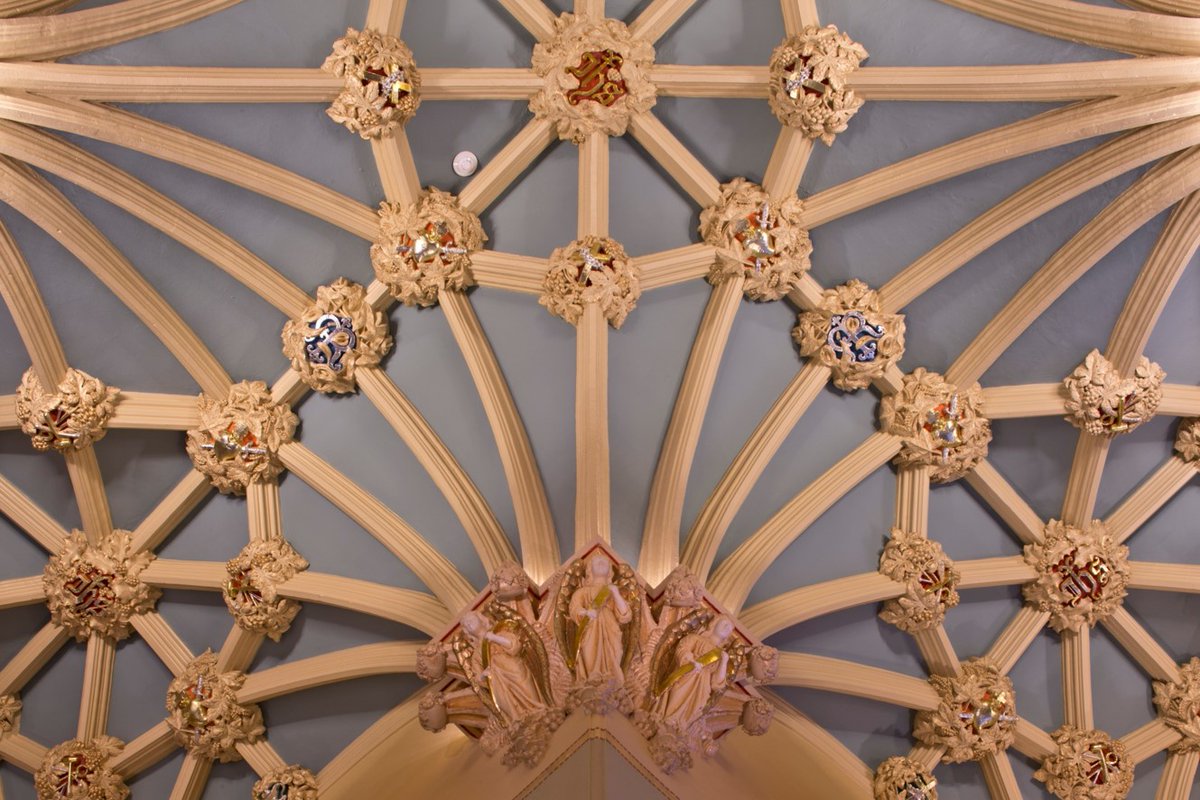 CLA_1976_'s tweet photo. Canning has worked on restoring Pugin-inspired monograms here in CT, including the #ceilingbosses #historicdecoration in the nave & aisles of St Patrick’s Cathedral Norwich during its #restoration. In architecture, a boss is a #decorative knob on a ceiling, wall or sculpture. https://t.co/5iZdmVxABe