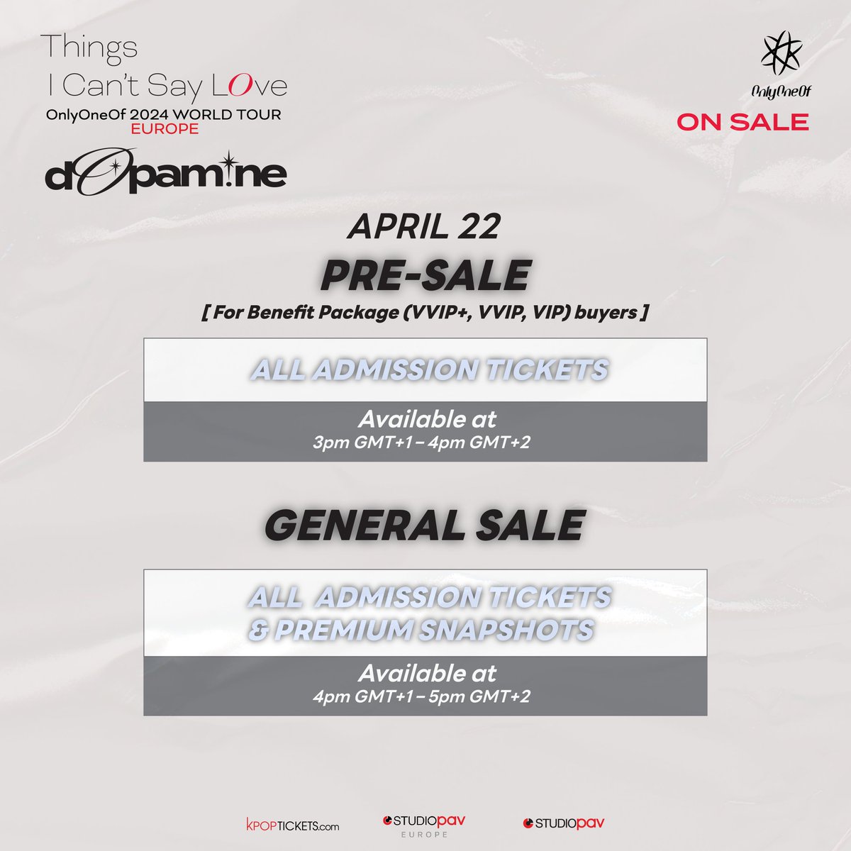 JinEnt_'s tweet photo. ♥️ OnlyOneOf 2024 WORLD TOUR - dOpamine ♥️ in EUROPE

- Ticketlink to Eventix in our bio -

@studio_pav @StudioPAVEurope
#OnlyOneOf #OOOWorldTour2024 #OnlyOneOfWorldTour2024 #onlyoneof_worldtour_dopamine #OnlyOneOf_in_Europe #OOO_dOpamine_Europe #OnlyOneOf_dOpamine_Europe #lyOn https://t.co/69bcecPrWj