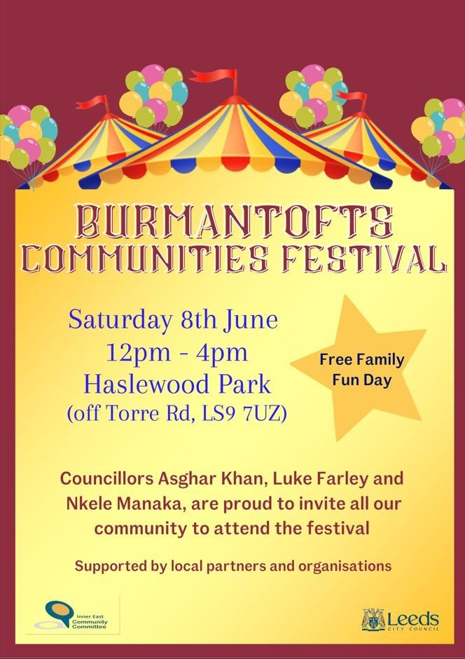 🎉 Once again, BCF will be attending the wonderful Burmantofts Community Festival! 🎉 

It will take place on Saturday 8th June 12-4pm at Haslewood Park (off Torre Road LS9 7UZ) 

We hope you can make it for a lovely day of Fun and Community Spirit!