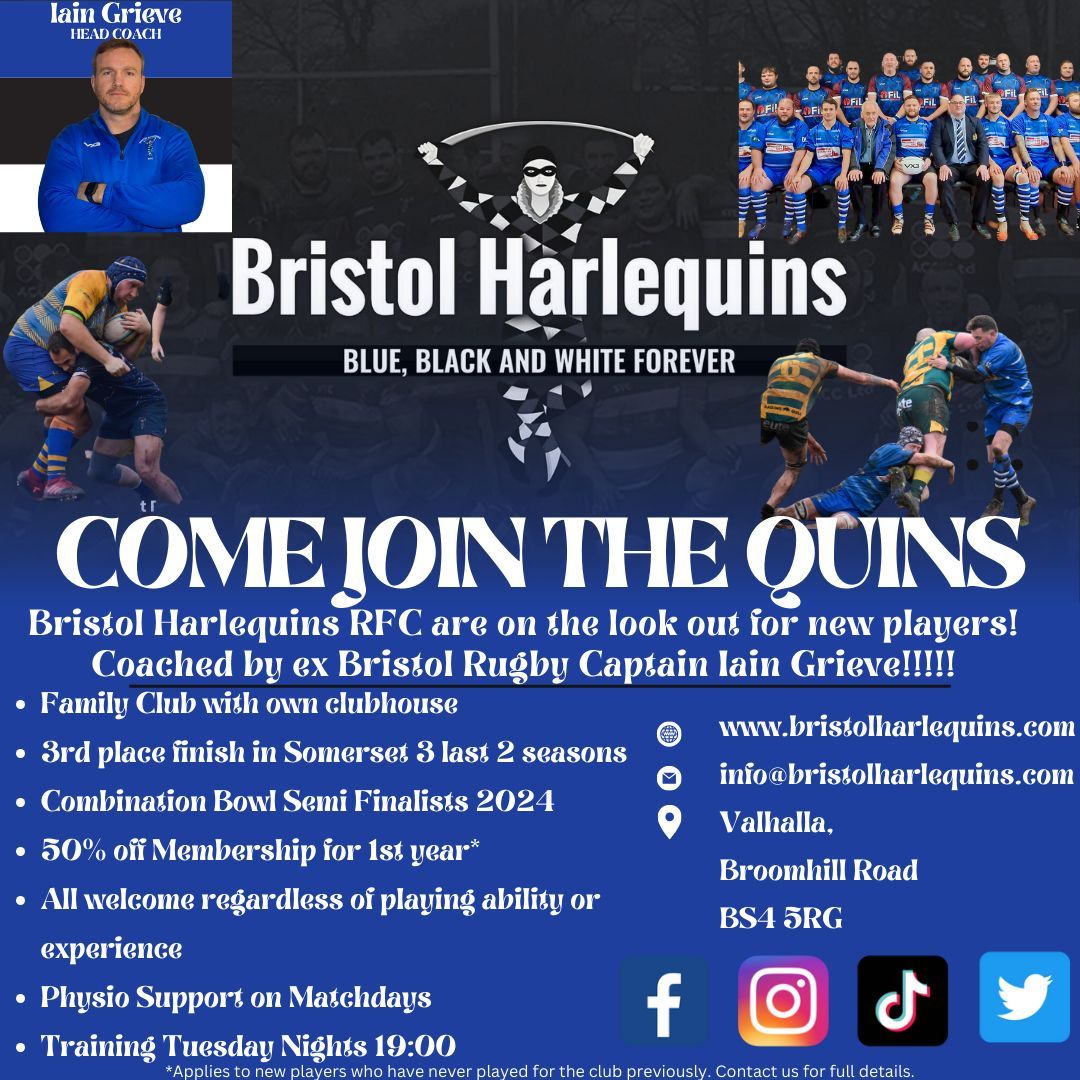 Come and join the Quins! We are always on the lookout for new players in our senior setup! We are coached by ex Bristol Captain Iain Grieve, and all are welcome regardless of playing ability or experience! Some come along and give us a try! 🔵⚫️⚪️ #bristolquins #utq