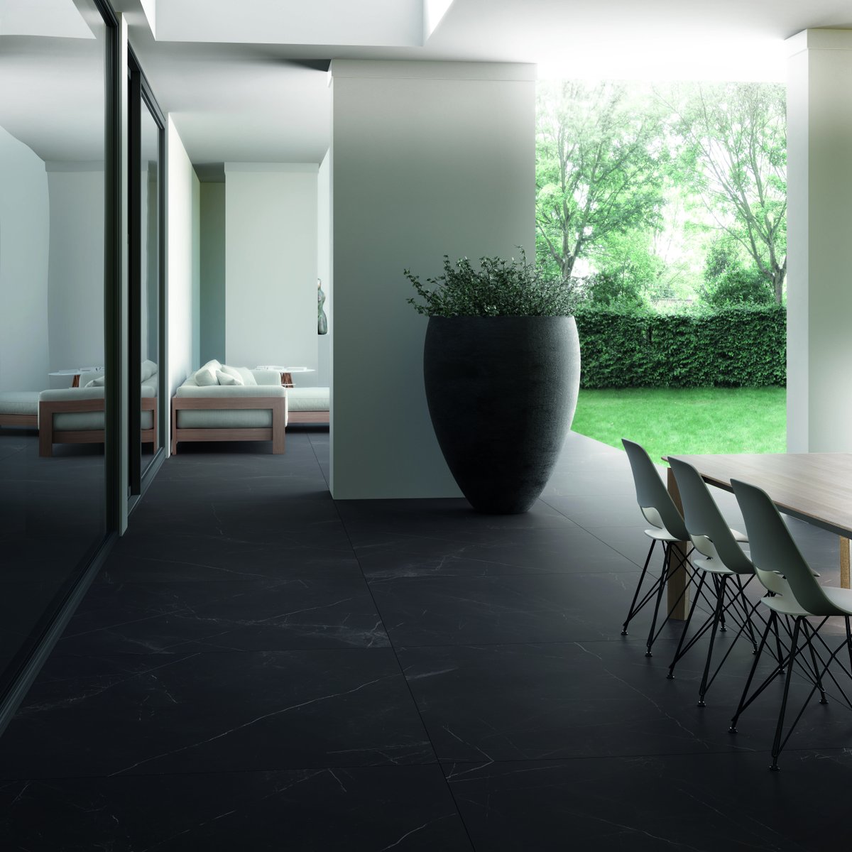 Opt for materials for your outdoor area that are aesthetically pleasing but also practical and slip-resistant. Inalco MDi surfaces come in a range of designs and finishes allowing you to achieve the perfect balance between style and functionality. Pictured: Storm Negro flooring