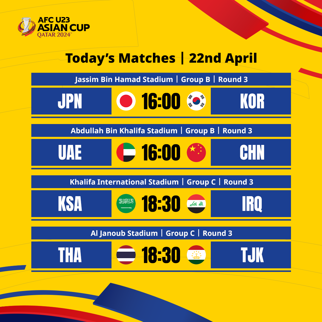 Today's matches! 🗓️

What are your predictions? 🤔

#AsianCupU23 #HayyaAsia #AFCU23 #RoadtoParis2024