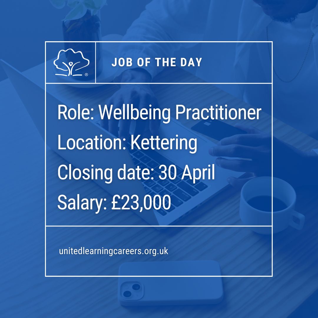 📣 Job of the day 📣  

We are seeking to appoint a Wellbeing Practitioner.

If this could be you, find out more and apply now: ow.ly/4Pj550RjBVq

#JobOfTheDay #NowHiring #JobSearch #Hiring #Vacancy #ApplyNow #Education #OpenToWork #Jobs2Apply4 #JOTD