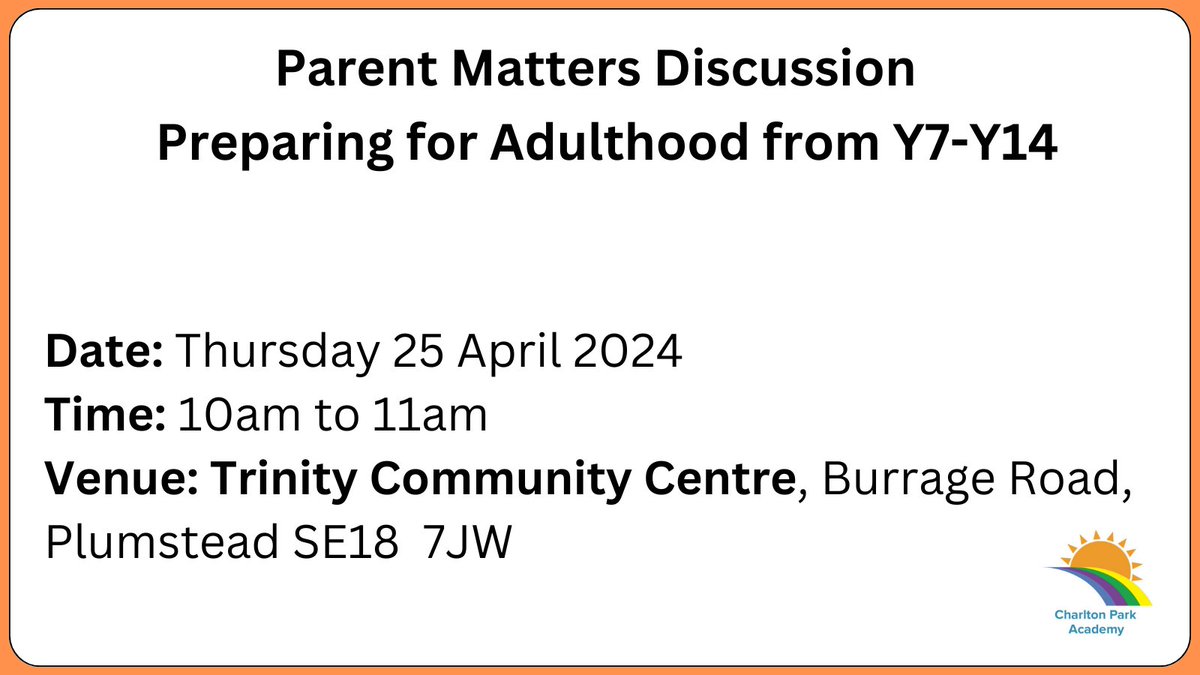 Parents & Carers please join us this Thursday 25 April from 10am to 11am at Trinity Community Centre, Plumstead for a Parent Matters discussion on Preparing for adulthood from Y7-Y14 with Niall Fallon and Sara Johnson. Find out more: bit.ly/3UpLyUv