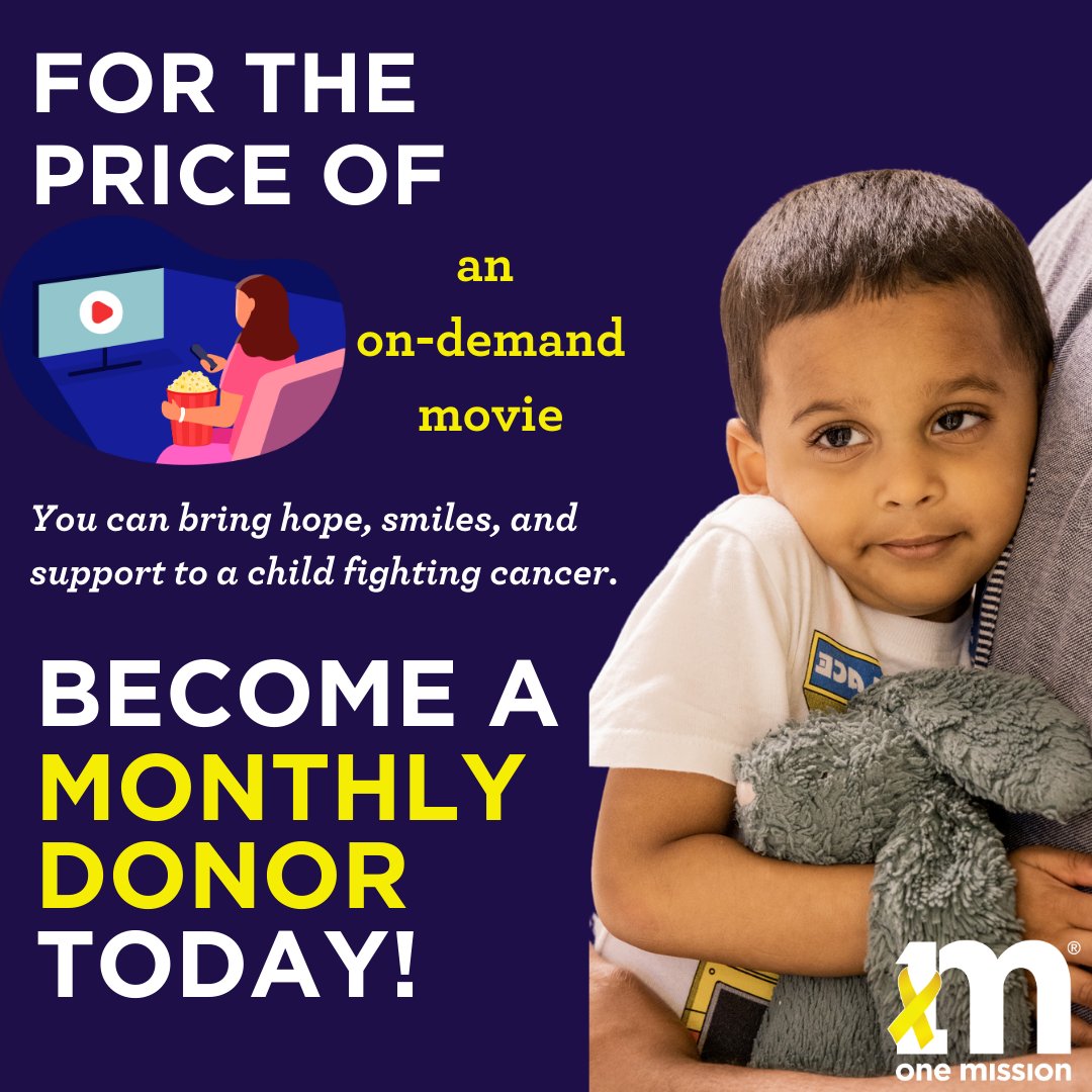 🎥 🍿 For the price of an on-demand movie, bring help, hope and care to kids fighting cancer and their families.
For as little as $20 per month, you can bring programs that provide positive distractions for these brave children.
 Join today!
onemission.crowdchange.co/28127/donate