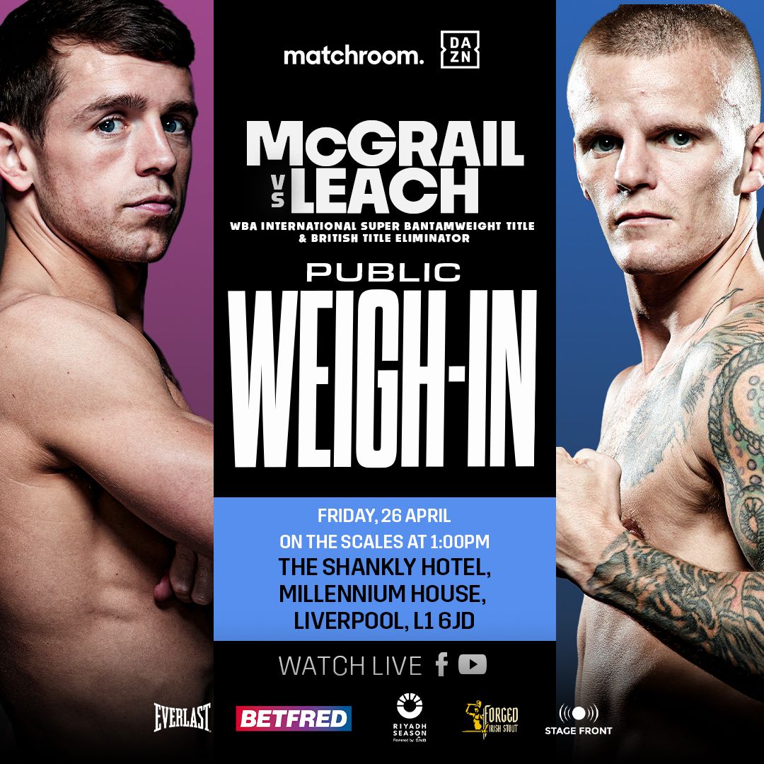 It's Fight Week in Liverpool ‼️

Friday's public Weigh-in will be at Shankly Hotel from 1pm,see you there on friday 👍🥊

@MatchroomBoxing #McGrailLeach 
#FerraraLescano #BostanMartin  #McCormackHerrera #MatchroomBoxing #Boxing