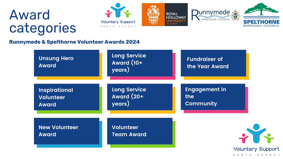 🏆 These are the categories for the Runnymede and Spelthorne Volunteer Awards 2024! Want to submit a nomination? For a full description of each category and the link to the nomination form, please click this link👉 ow.ly/yuor50RkZxK