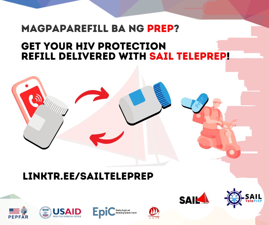 Maemz, di na kailangang pumunta sa clinic in this init para lang sa #PrEP refill! 🔥

Ipadeliver mo na iyan with #SAILTelePrEP!

Prep ahead, set your appointment early via linktr.ee/sailteleprep, at siguradong you don't miss a pill. 😉🛡️

#TogetherWeSAIL!
linktr.ee/sailclinics