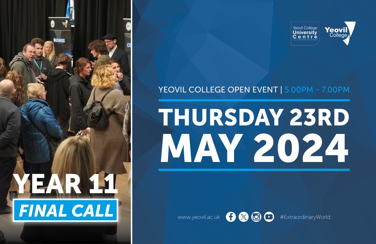 If you are in Year 11, your final opportunity to visit us before starting in September 2024 is fast approaching. ⏰ Our last Open Event takes place on Thursday 23rd May, and is your ultimate chance to see our extraordinary campus. 🌟 yeovil.ac.uk #ChangingLives