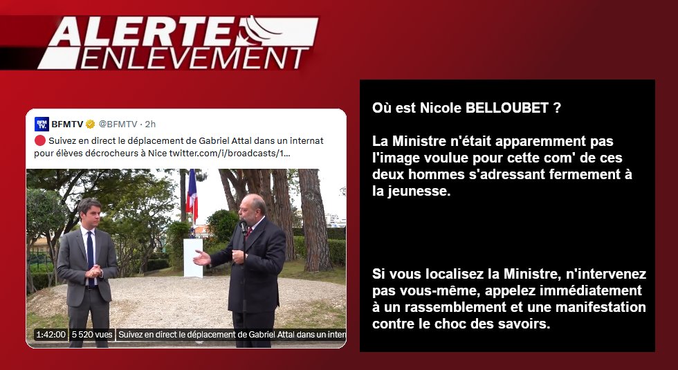 Où est #Belloubet? La Ministre n'était apparemment pas l'image voulue pour cette com' d'#Attal s'adressant fermement à la jeunesse. Si vous localisez la Ministre, n'intervenez pas vous-même, appelez immédiatement à un rassemblement et une manifestation contre le choc des savoirs.