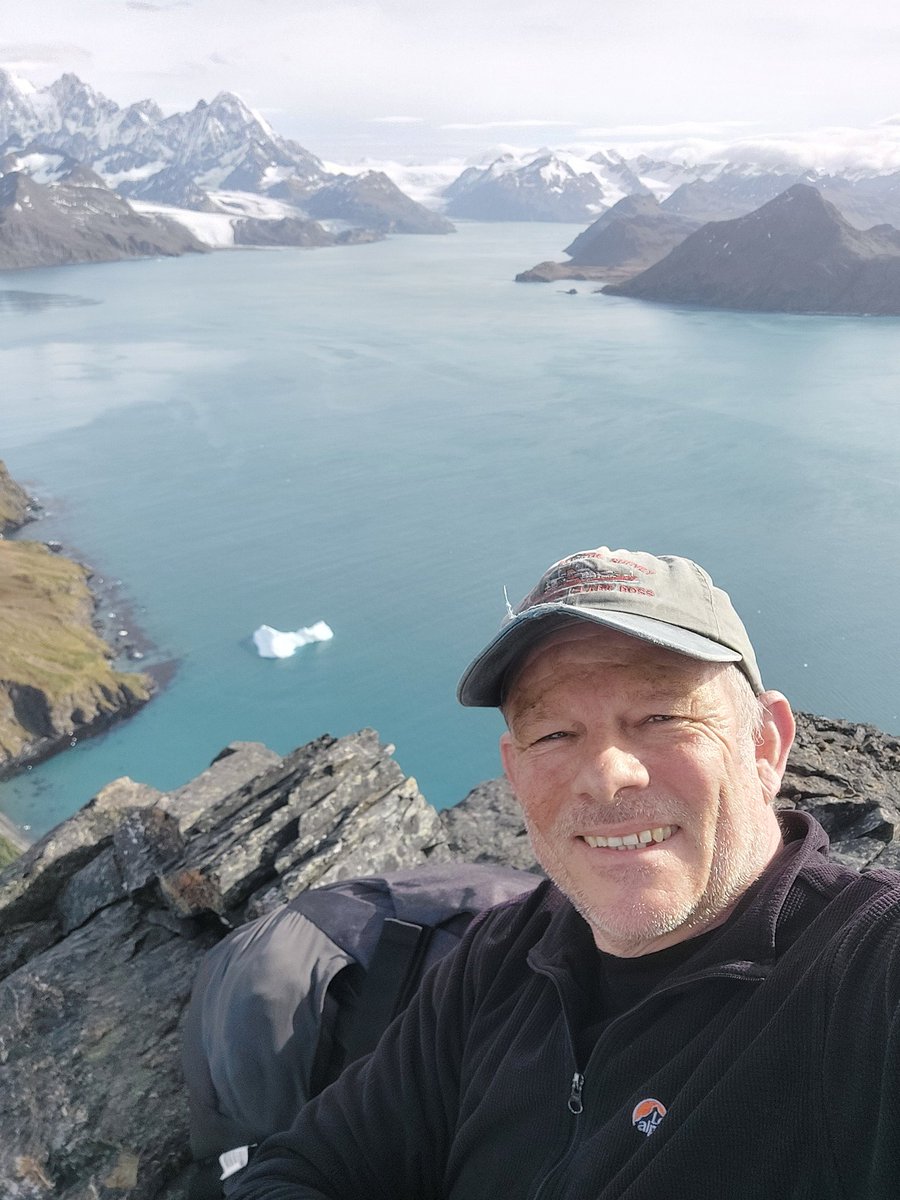 Just back from an amazing month with work at ##SouthGeorgia. This is the summit of Stenouse Peak looking down into Cumberland West Bay. When I first came here 23 years ago the fjord was filled by the Neumayer Glacier down as far as the glaciers on the left. #ClimateAction