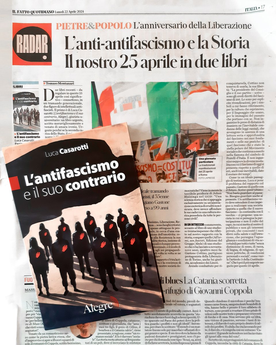 Sul @fattoquotidiano, @tomasomontanari consiglia 2 libri per capire l'humus culturale che ci porta ad assistere alle censure di oggi: 'All'armi son fascisti' dell'ex partigiano da poco scomparso Gastone Cottino e il nostro 'L'antifascismo e il suo contrario' di @lucacasarotti