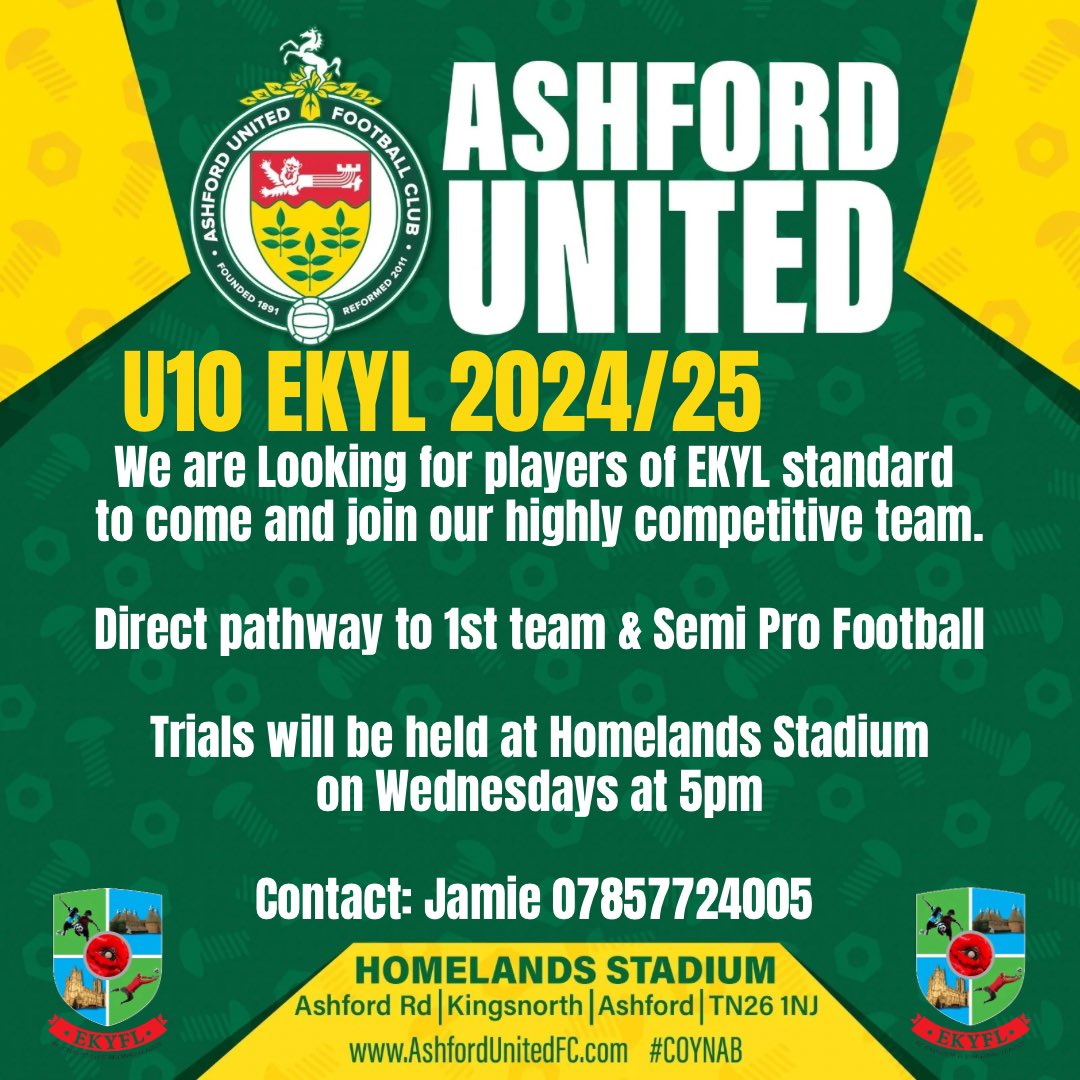 U10 EKYL Trials 💚🤍 Ashford United’s u10 2024/25 are looking to strengthen and add to their team, in preparation for the East Kent Youth League. Trials 🏟️ - Homelands Stadium 🗓️ - Wednesday’s 🕖 - 5pm 📱 - Jamie: 07857724005 #AUFC #coynab #youthfootball #EastKentYouthLeague