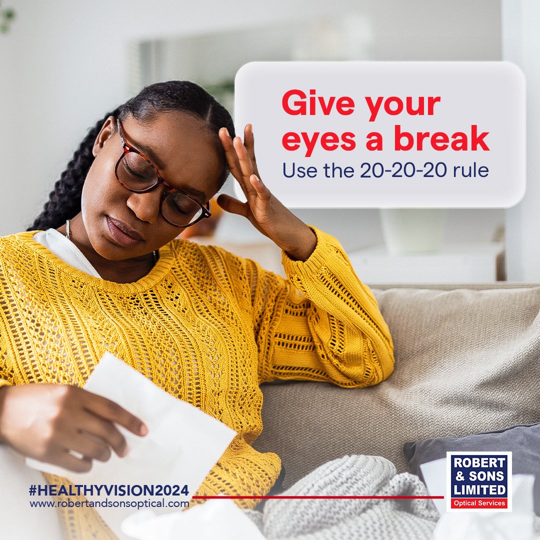 Monday Tip: Every 20 minutes, look at something 20 feet away for 20 seconds to relax your eyes. Call 050 1519 111 for info or appointments. #RobertandSons #HealthyVision2024 #HappyNewWeek