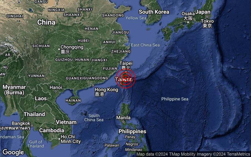 Gempa bumi sederhana M5.1 di Tenggara Taiwan pada 6:50 petang, 22 April 2024. Pusat gempa bumi terletak di 23.7° U dan 121.5° T dgn kedalaman 10 km. 78km Tenggara dari Taichung,Taiwan. Tiada ancaman tsunami kepada Malaysia.MET Malaysia. #gempabumiMETMalaysia #mygempa.met.gov.my