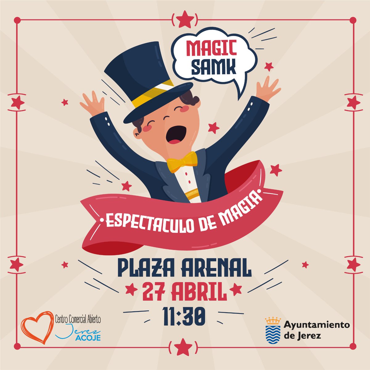 AcojeJerez's tweet photo. Este Sábado dentro de las actividades programadas para el GP de Motociclismo, el CCA Jerez ACOJE participa con un espectáculo de magia de la mano de Magic Samk  el Sábado 27 de Abril a partir de las 11:30 en la Plaza del Arenal https://t.co/d2ZMe6AGAt