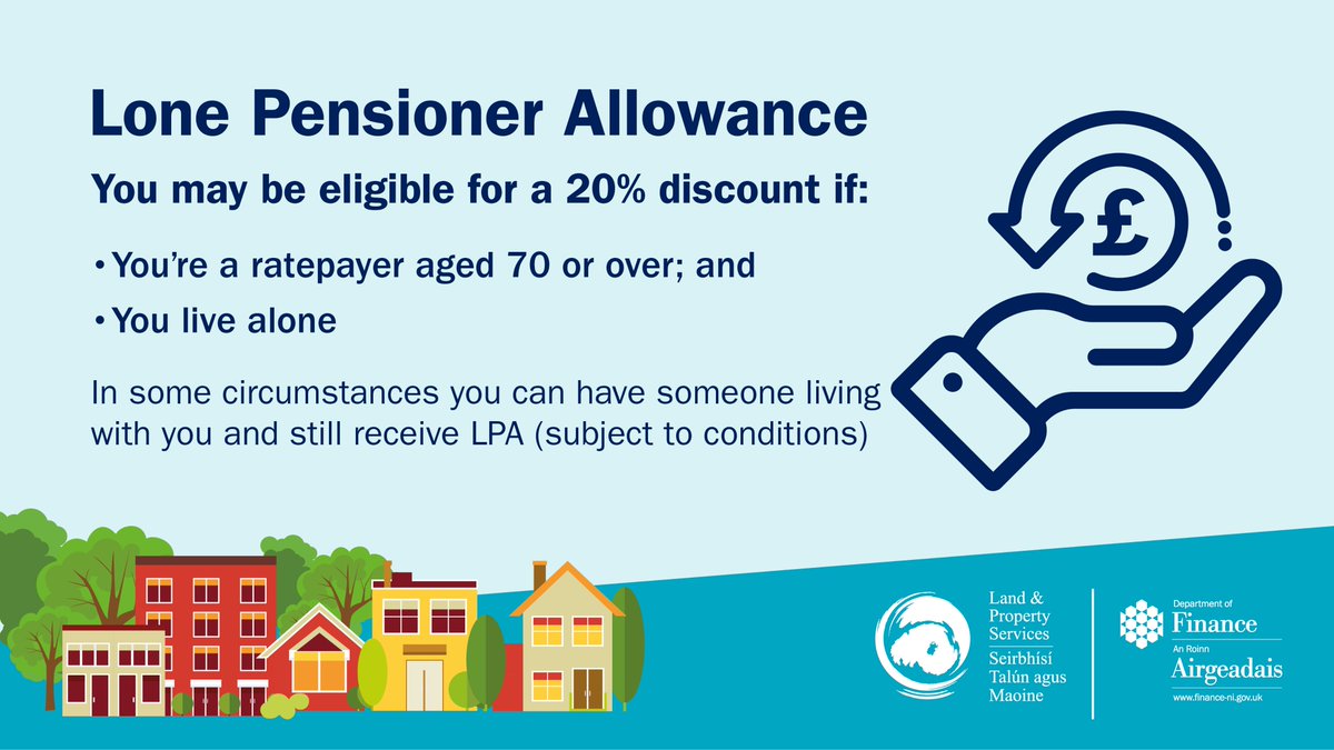 🏡Help is available for those aged 70 and over and living alone to pay their household rate bill. Find out about a range of reliefs including Lone Pensioner Allowance ➡ nidirect.gov.uk/lone-pensioner…
