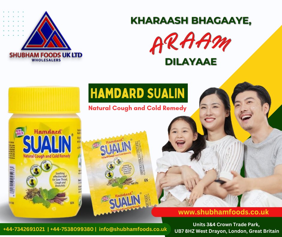KHARAASH BHAGAAYE,
ARAAM DILAYAAE
Hamdard Sualin consists of a unique blend of natural herbs that help provide relief from cough, breathlessness, sore throat, and throat irritation. 

Order Now :-
·+44-7342691021 | +44-753809938 | info@shubhamfoods.co.uk
shubhamfoods.co.uk