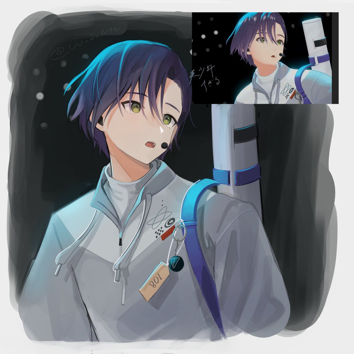 solo open mouth short hair long sleeves 1boy green eyes blue hair  illustration images