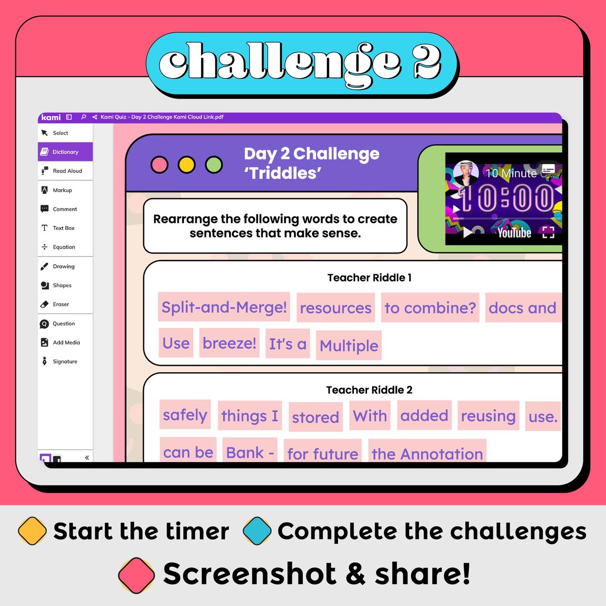 The next Teacher Challenge is inspired by @NicoleRennieZA’s Triddle activities. Introducing - Teacher Riddles in @KamiApp Can you solve the challenge in 10 minutes? Be sure to head over to kami.app/hMf-6z2-bSs-MW4 #LetsKami