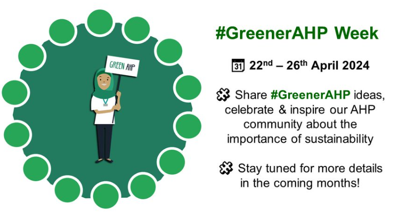 Today is the start of #GreenerAHPWeek (22nd-26th April 2024)! The actions we take to improve health and reduce health inequalities also improves our planet.

How can your team make a difference? Pop your ideas in the comments box. 

Find more at  england.nhs.uk/ahp/greener-ah……