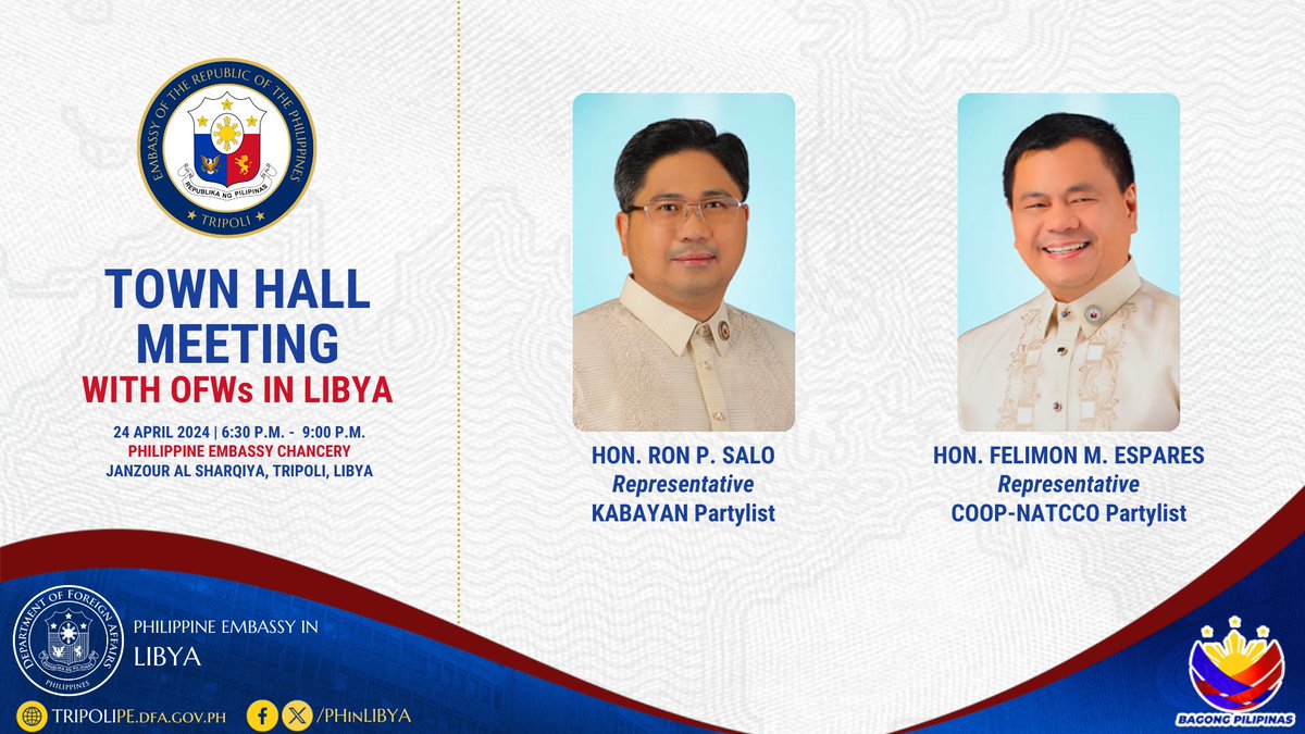 PhinLibya's tweet photo. Ikinagagalak ng Pasuguan na makasama sa 𝐓𝐨𝐰𝐧 𝐇𝐚𝐥𝐥 𝐌𝐞𝐞𝐭𝐢𝐧𝐠 na gaganapin sa 𝐢𝐤𝐚-𝟐𝟒 𝐧𝐠 𝐀𝐛𝐫𝐢𝐥 𝟐𝟎𝟐𝟒 ang mga miyembro ng 𝐶𝑜𝑚𝑚𝑖𝑡𝑡𝑒𝑒 𝑜𝑛 𝑂𝑣𝑒𝑟𝑠𝑒𝑎𝑠 𝑊𝑜𝑟𝑘𝑒𝑟𝑠 𝐴𝑓𝑓𝑎𝑖𝑟𝑠 𝑛𝑔 𝑀𝑎𝑏𝑎𝑏𝑎𝑛𝑔 𝐾𝑎𝑝𝑢𝑙𝑢𝑛𝑔𝑎𝑛, 1/2 https://t.co/y4BQvnZ9Nt