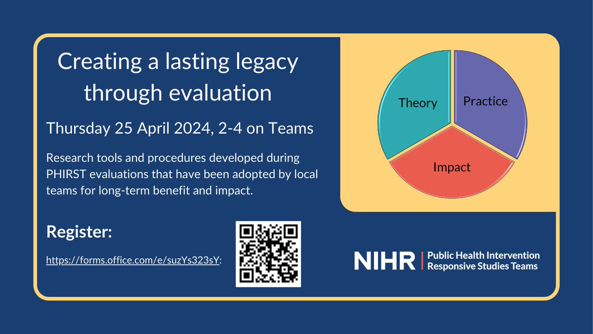 Our next seminar is on Thursday at 2pm: Creating a lasting legacy through evaluation Sign up here: forms.office.com/e/suzYs323sY View more info and the presentation slides: phirst.nihr.ac.uk/about-phirst/s… @BroniaArnott @susie_sykes_ @LSBU @Jo_LeonardiBee @JulieEBayley @adamgordon1978