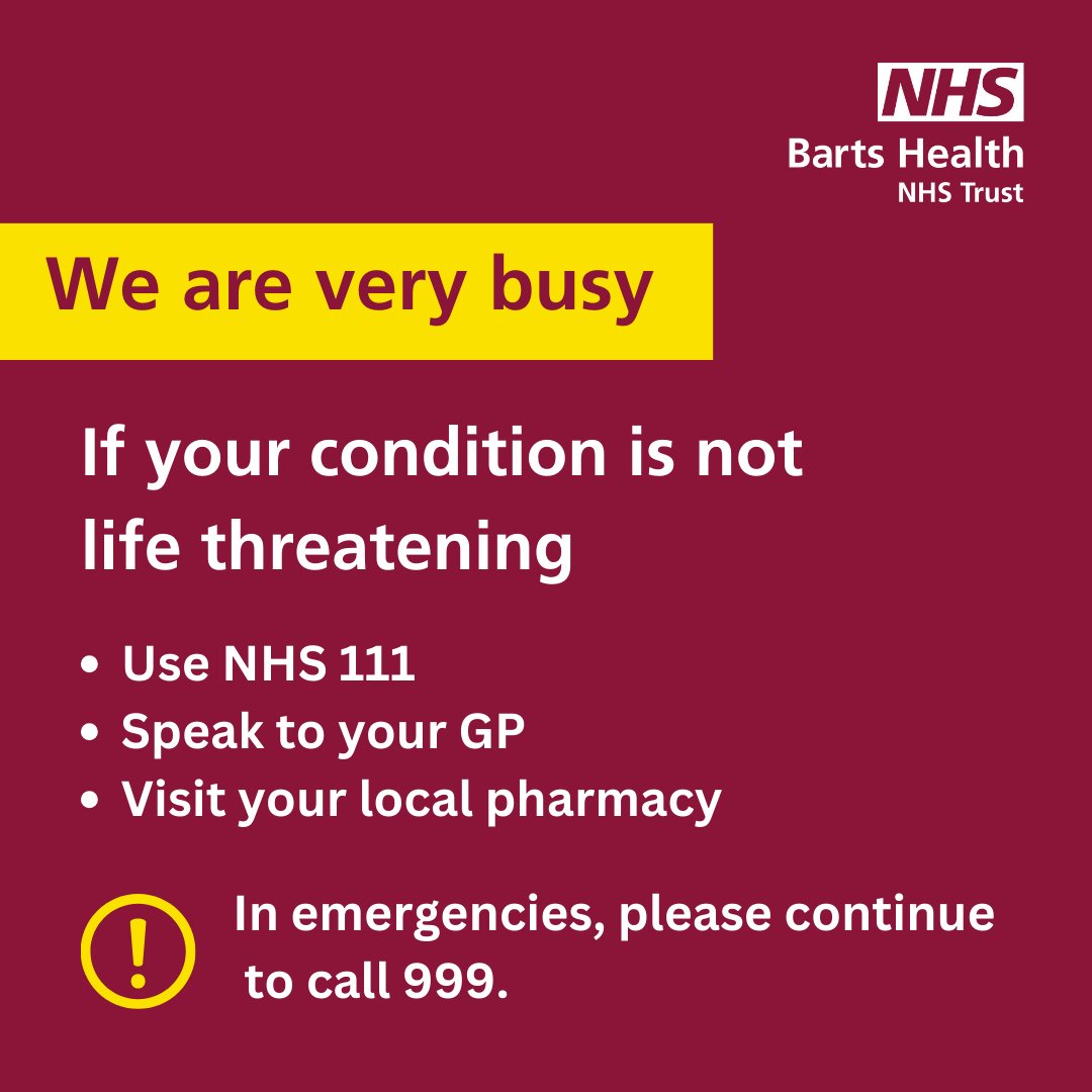 📢 Our emergency department at Whipps Cross Hospital is very busy Our teams continue to work hard to ensure patients are treated as quickly as possible but wait times are high and you may be seen quicker elsewhere Call 999 in an emergency 🤳