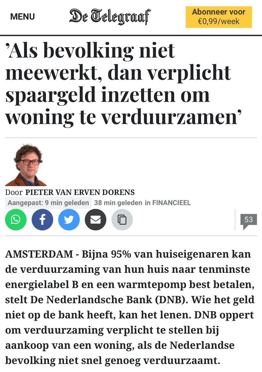 21/4/24 - DNB oppert om verduurzaming verplicht te stellen bij aankoop van een woning, als de Nederlandse bevolking niet snel genoeg verduurzaamt telegraaf.nl/financieel/137…